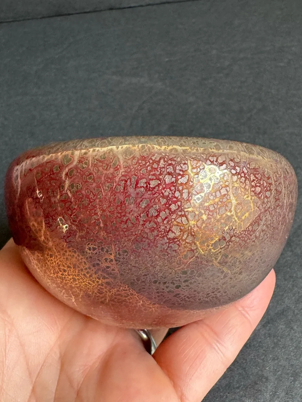 Vintage Art Glass Bowl Iridescent Crackle Red Gold Barovier Style Votive Holder